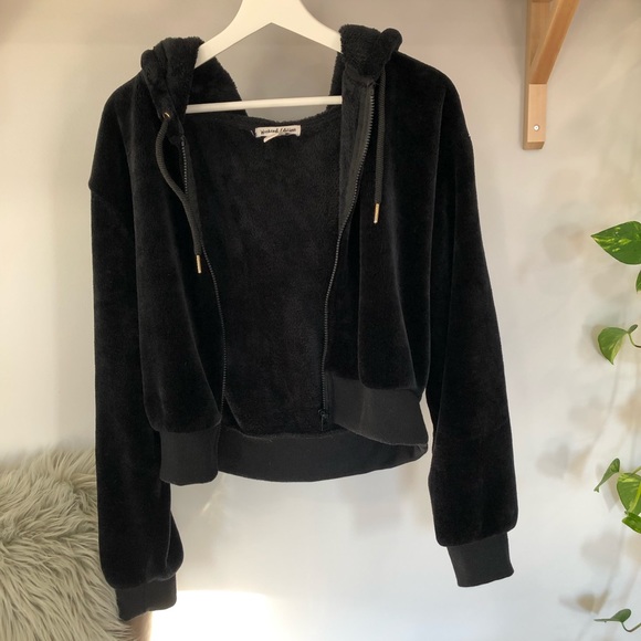 Black Fluffy Faux Fur Sweater Soft Black Hoodie Zip Front With Hood Size Large - Picture 7 of 7